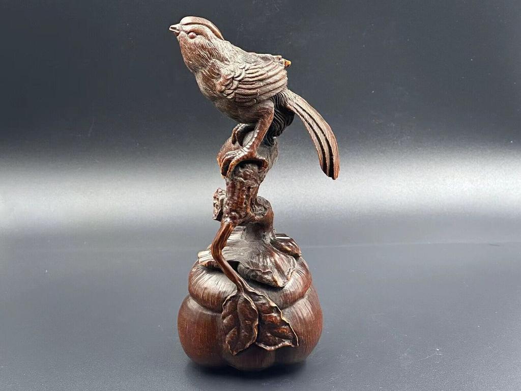Chinese Antique Boxwood Carved Magpie Statue Exquisite Sculpture Home Decor Art