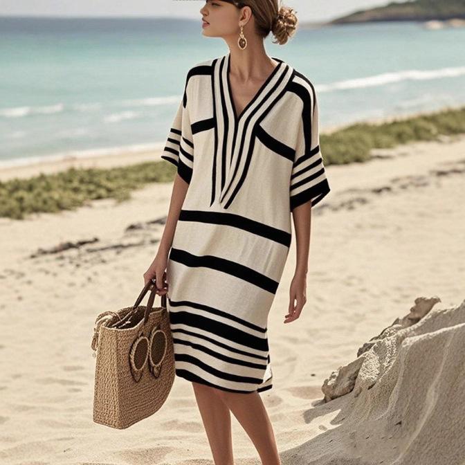 Damen Locker V-Ausschnitt Kurzarm Strandkleid mit Streifen, Lässiges Sommerkleid für den Urlaub