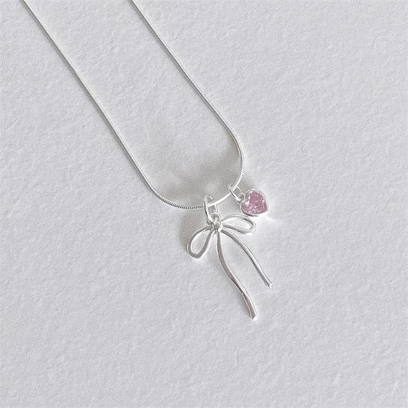 925 Sterling Silver Delicate Love Pink Diamond Bow Necklace ins Snake Bone Chain Collarbone Chain