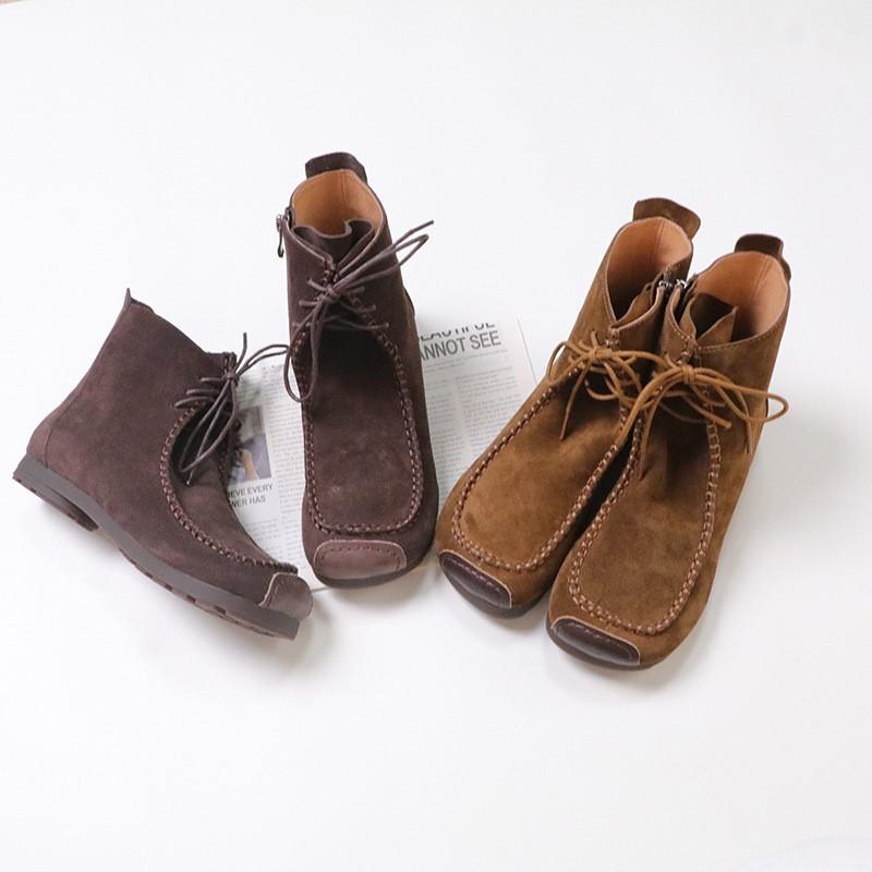 Johnature Retro Cow Suede Lace Up Short Boots Versatile Square Toe Soft Sole Comfortable Women's Ankle Boots