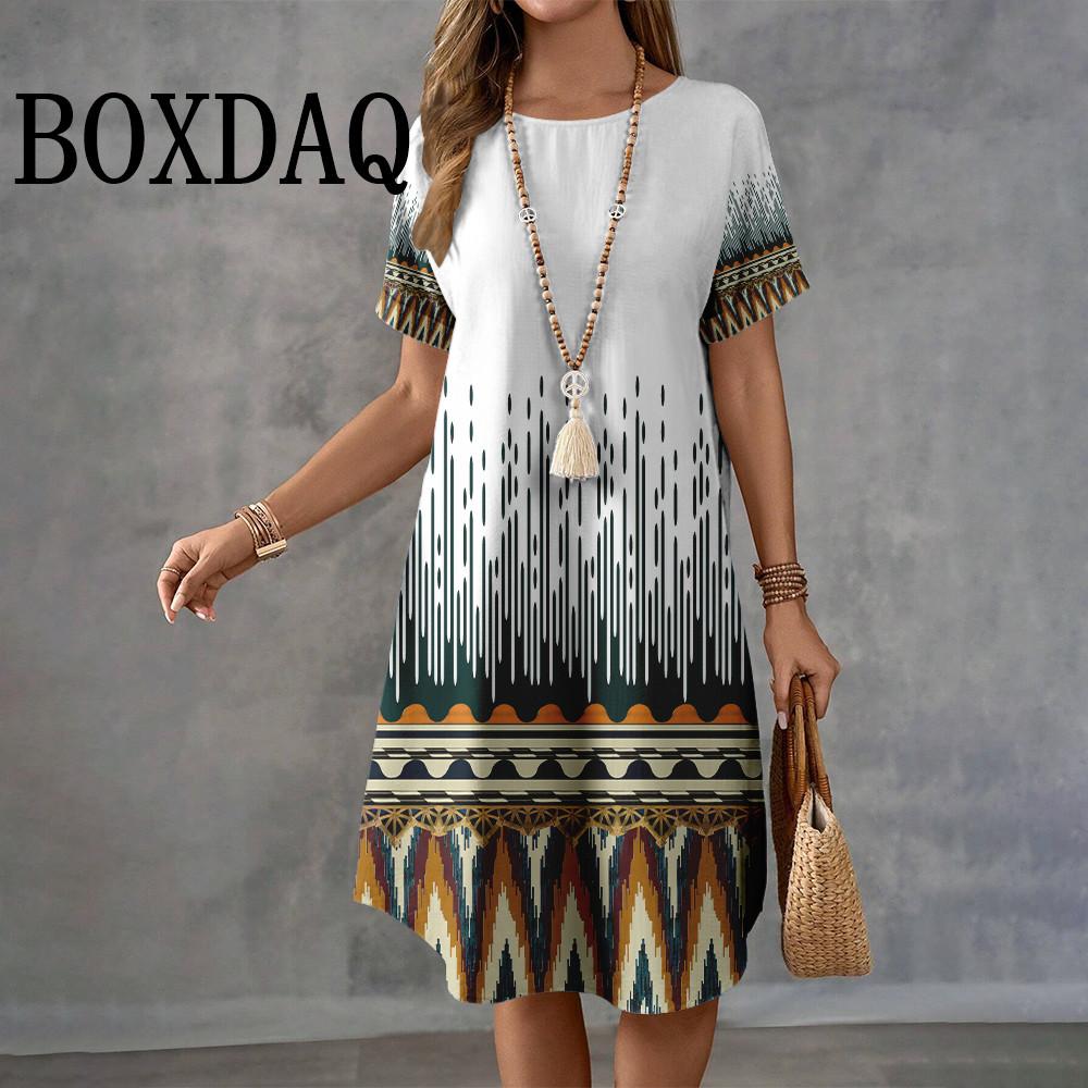 Letnie Retro Etniczny Nadruk Krótki Rękaw Casual Damska O-Neck Długość do Kolana Modne Eleganckie Damskie Sukienki A-Line