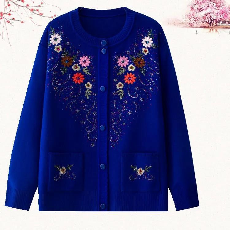 

Women s Spring Single-breasted Slim Sweater Coat Middle-aged and Elderly Embroidery Knit Cardigan Jacket Thin Grandma Clothing XS темно-синий