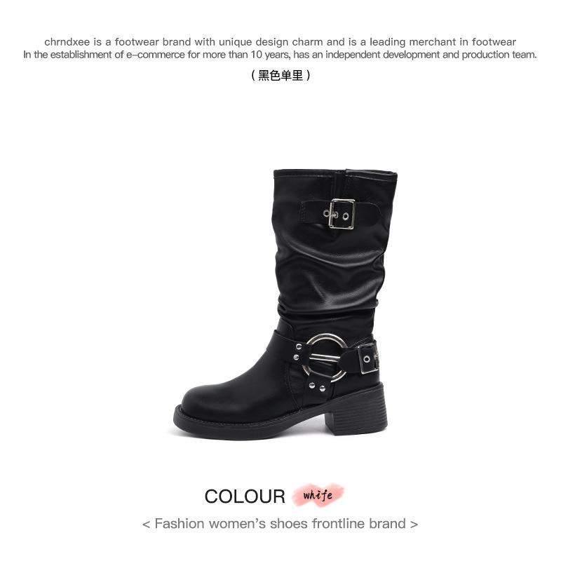 

Cowhide version~ Maillard western cowboy boots women s autumn and winter belt buckle thick-soled medium tube boots sleeve thick heel Martin boots 40 чёрный