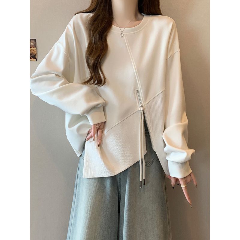 Women's Clothing Irregular Design Long-Sleeve Zipper Sweatshirt Female Spring & Fall Fat Sister Slim Looking Belly Covering Easiest for Match Tops