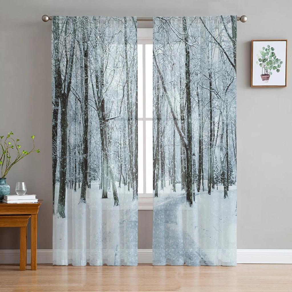 Winter Forest Tree Snowflake Semi Curtains Living Room Snowy Landscape Print Tulle Curtain Drapes Window Treatments Sheer Polyester Great Treatment