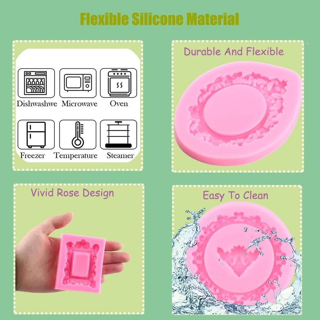 Mujiang Photo Frame Fondant Molds Picture Frames Silicone Mold Vintage Frame Molds For Cake Decorating Cupcake Topper Chocolate Candy Polymer Clay