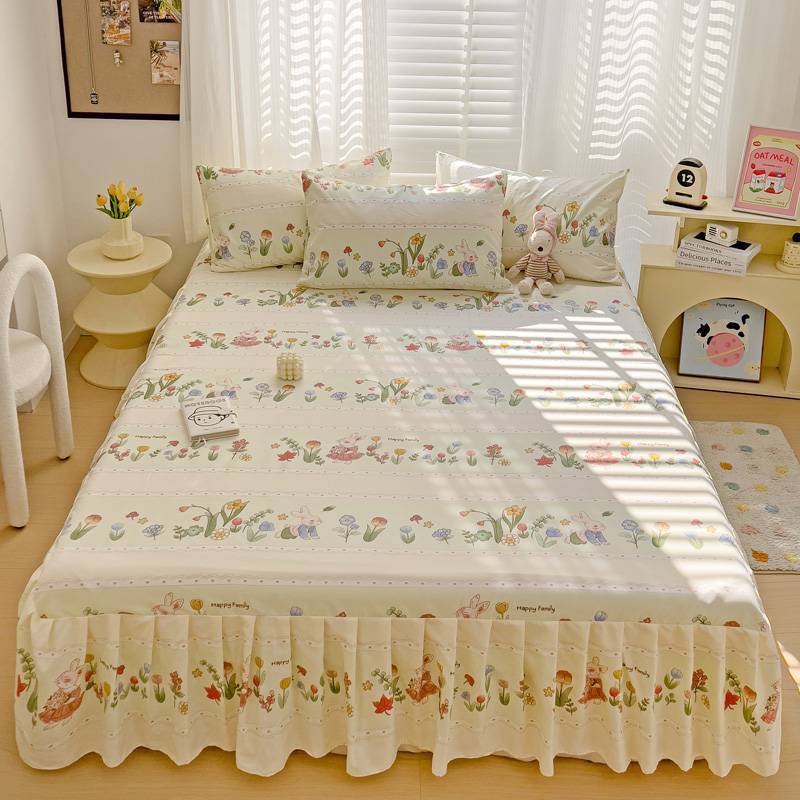 All Season Universal Ruffle Edge Single Bed Cover Printed Cotton Bed Skirt Three Piece Set Soft Comfortable Bedding Bedspread