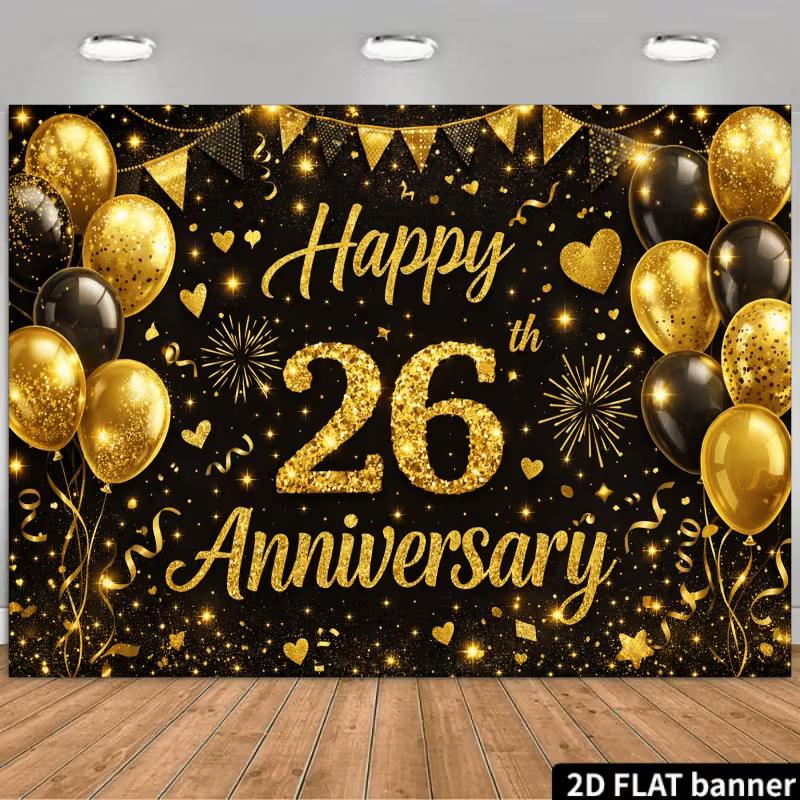 2D Black Gold 26th Anniversary Backdrop Balloons Photography Background 47.2x31.5inch/120*80cm