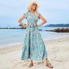 Bohemian Summer Beach Casual Vacation Floral Print Sleeveless V Neck A Line High Waist Lace Up Ankle Length Women Dress