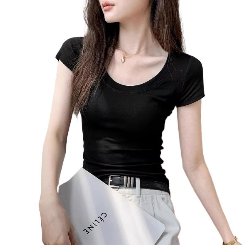 Slim-fit short-sleeved T-shirt women's summer new shoulder pure cotton waist-thin top large neckline bottoming shirt