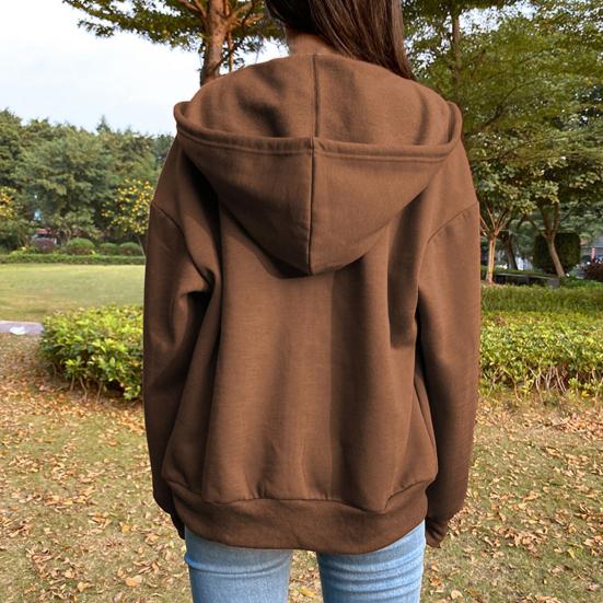 Women Hoodies Hooded Zipper Autumn Winter Thick Solid Color Drawtring Sweatshirt Coat for Daily Wear