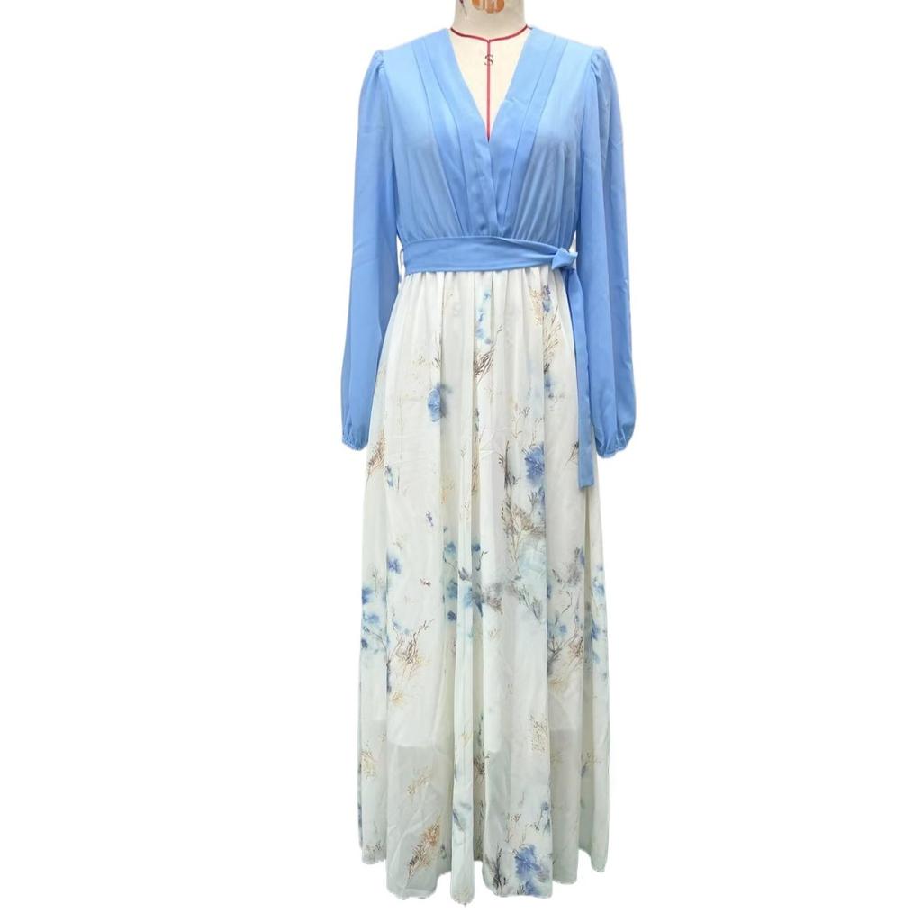 LYRIA Elegant Long Sleeve Maxi Dress Women Summer Fashion Slim Floral Print V-neck White Long Dresses Casual