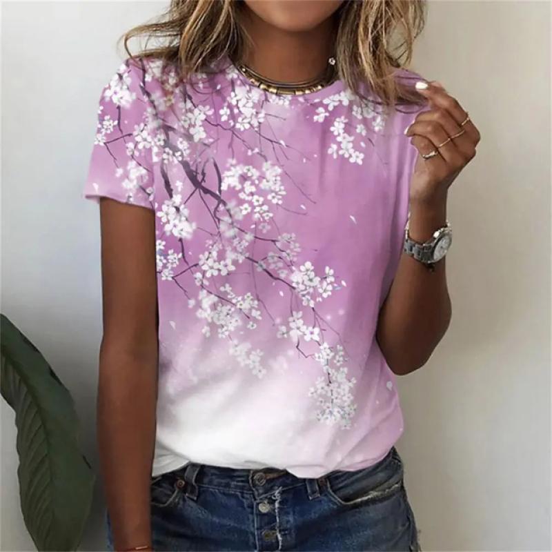 Sommer Blumenmuster 3D-Druck T-Shirts Damen Rundhals Kurzarm Lässiges T-Shirt Harajuku Tees Y2k Tops Damenbekleidung