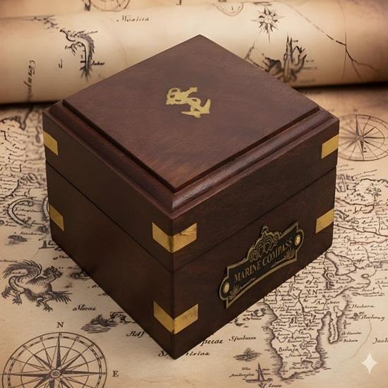 Messing Sonnenuhr Kompass mit Holzkiste: Nautische Maritime Dekoration