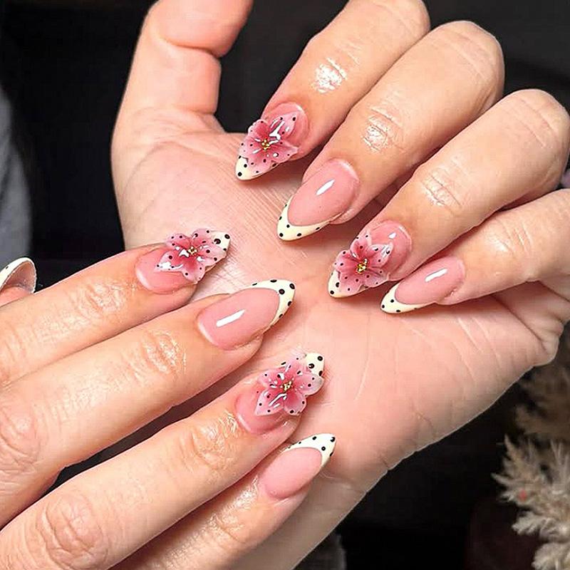 24 PZ Unghie Finte Francesi Bianche Semplici Punti Neri Fiocco Mandorla Press on Nails Fiori Dolci Coccinella Carina Modelli Unghie Acriliche