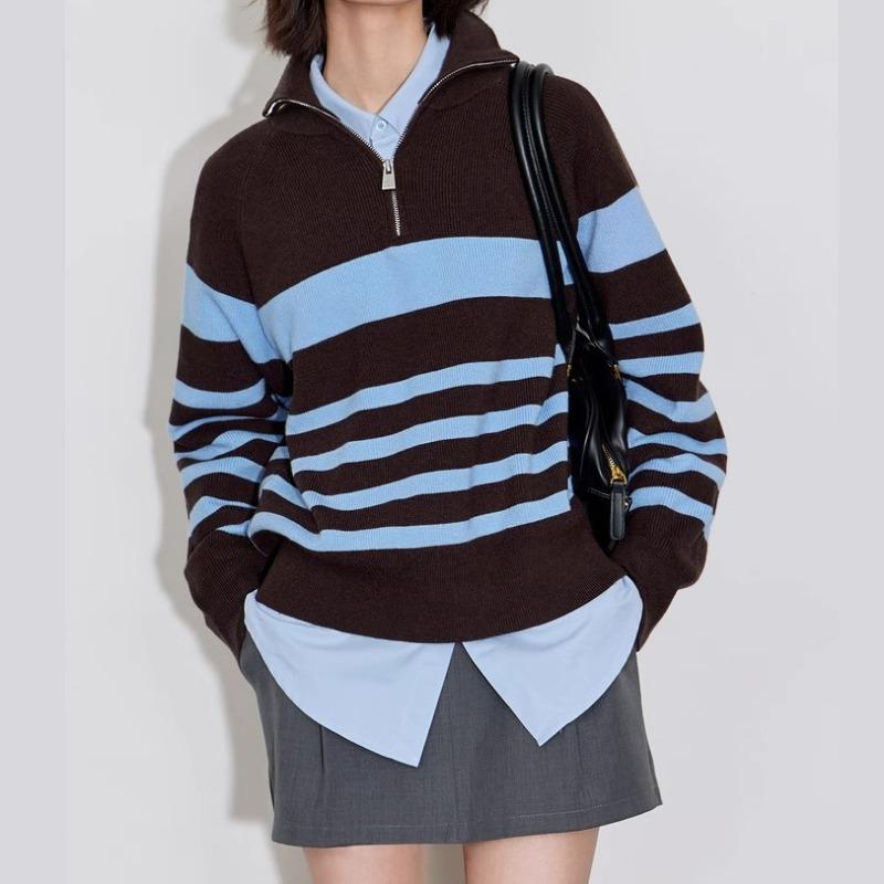 

Striped half-zipper lapel knitted sweater for women s autumn and winter new contrasting colors casual loose pullover sweater for women one size fits all темно-коричневого