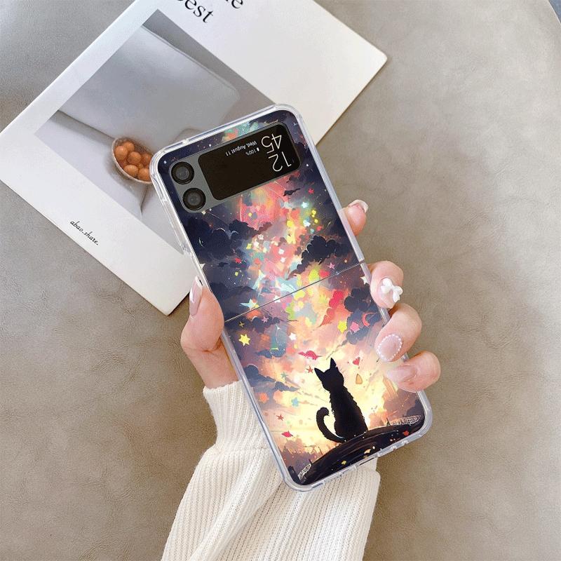 Oil Painting Black Cat Starry Sky Phone Case for Samsung Galaxy Z Flip 7 Flip 6 5 4 3 5G Folding Cover for Z Flip7 Flip5 Fundas