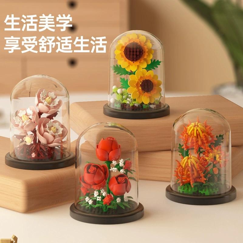 DIY MOC Flower Arrangement Dust Cover Tulip Rose Sunflower Plants Succulents Gardens Building Blocks Model Kids Sets Kits Toys