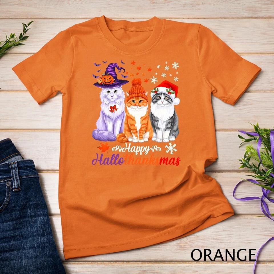 Happy HalloThanksMas Cats Halloween Thanksgiving Christmas Unisex T-shirt 6 2XL