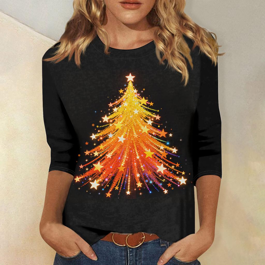 Dames Losse Comfortabele Casual Mode V-Hals Kerstprint Lange Mouw Hoodie