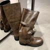 Dune Aesthetics~ Polished Retro Old Double Button Boots Women's Round Head Medium and High Western Boots Women's Knight Boots Winter