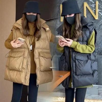 Giacca imbottita da donna autunnale e invernale casual con tasche, parka con cappuccio, senza maniche, capospalla femminile