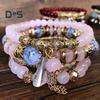 5-teiliges Damen-Armbandset mit Kunstkristallen, glatt, mit mehreren Anhängern, Schmuck im Retro-Boho-Stil mit elastischer Kordel, mehrlagiges stapelbares Armbandset