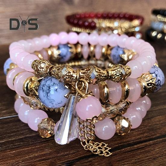 5-teiliges Damen-Armbandset mit Kunstkristallen, glatt, mit mehreren Anhängern, Schmuck im Retro-Boho-Stil mit elastischer Kordel, mehrlagiges stapelbares Armbandset