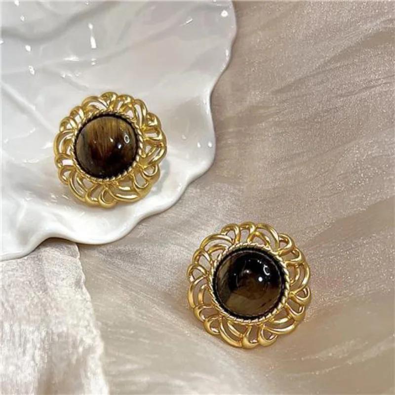 Lustre Flower Charm Earrings for Women Original Retro Tiger Eye Stone Gorgeous Autumn Styles Earings Banquet Zircon Gifts