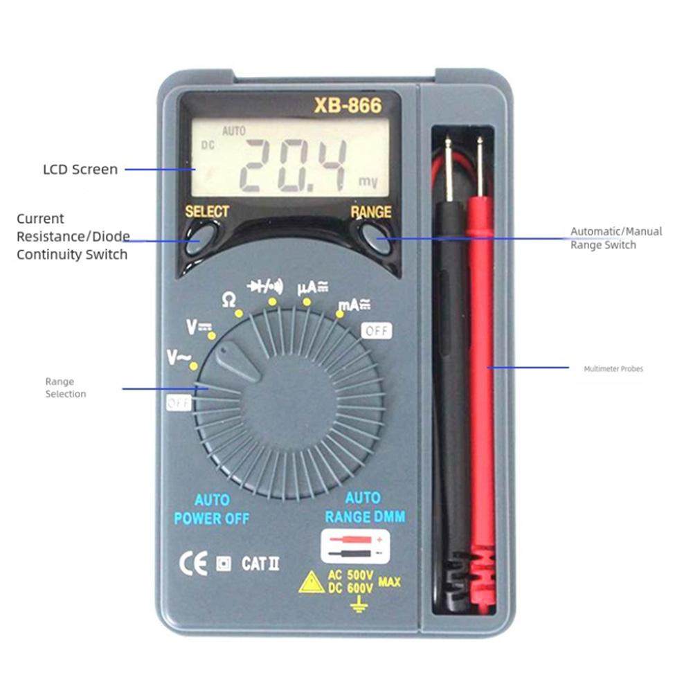 XB866 Digital Multimeter Mini Auto-ranging LCD Voltage/Amperemeter AC/DC Portable Tester 1999 Counts