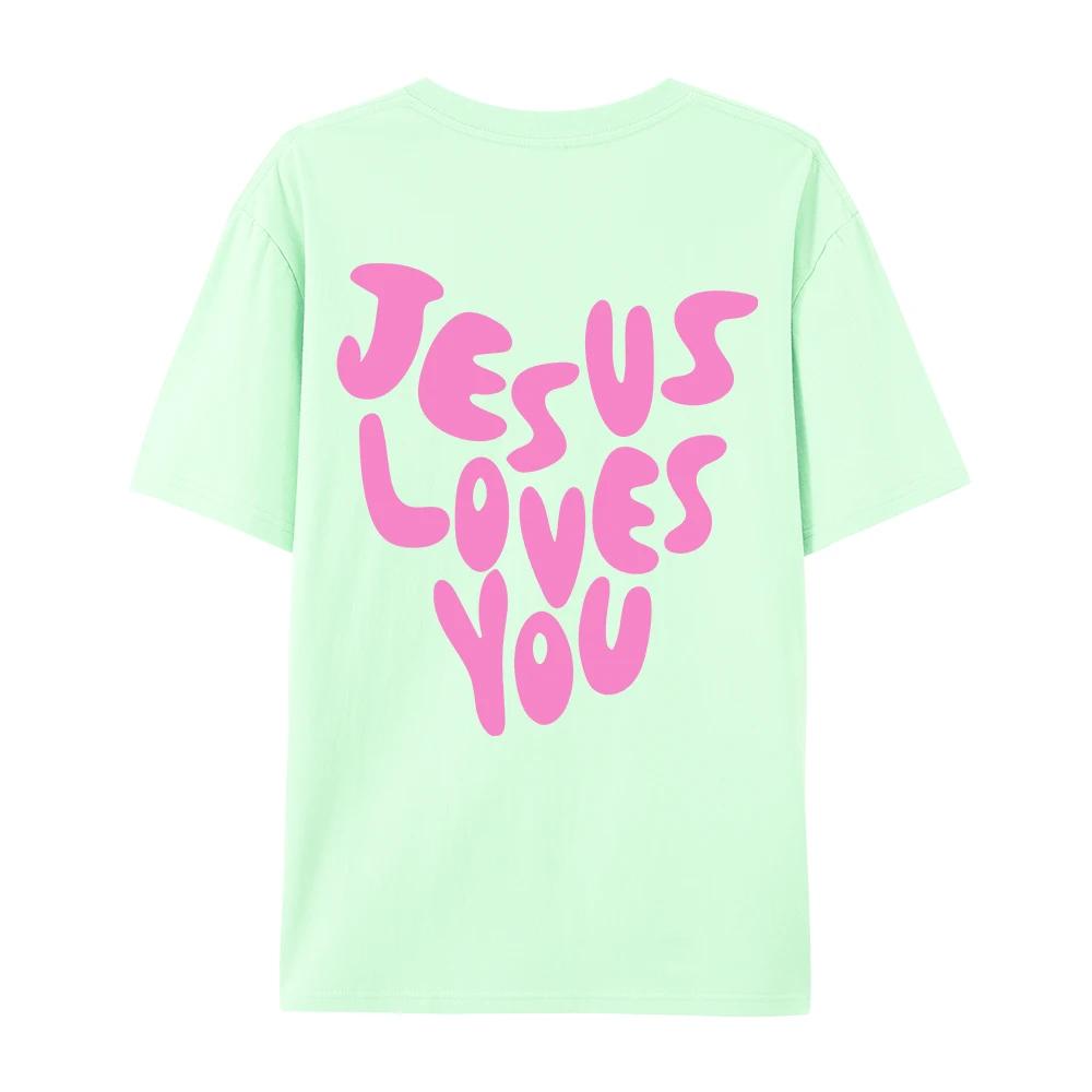 Jesus liebt mich Briefdrucke Damen Baumwoll-T-Shirts Mode O-Ausschnitt Oversize-Oberteile Lässig Locker Weich Kurzarm Damenbekleidung