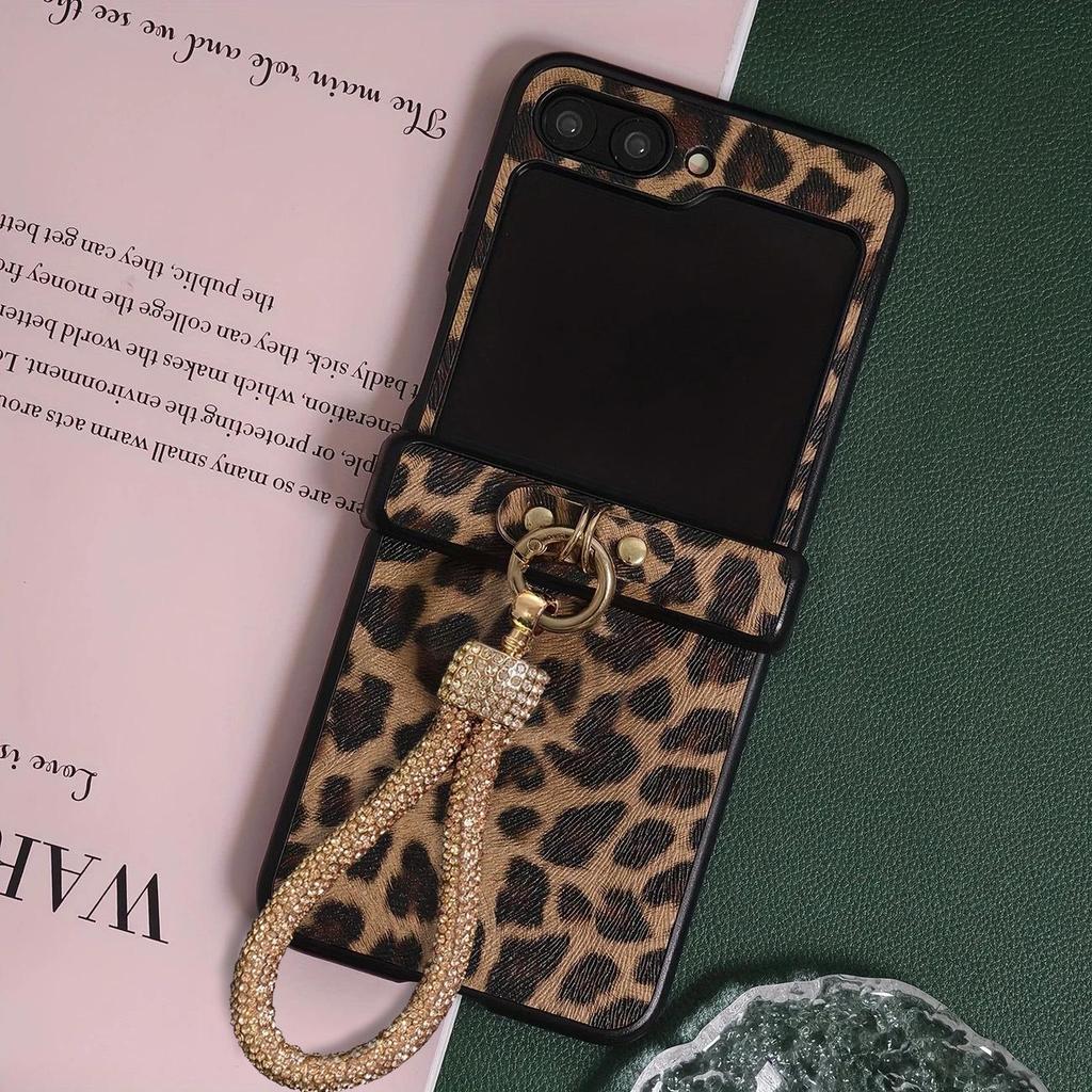 Strakke Leren Hoes met Luipaardprint en Lanyard voor Samsung Z Flip7 en Flip6