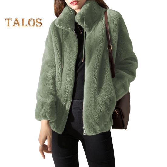 Autmn Winter Lady Cardigan Coat Double-sided Furry Plush Zip-up Drawstring Stand Collar Long Sleeves Thickened Solid Color Coral Fleece Knitted Jacket