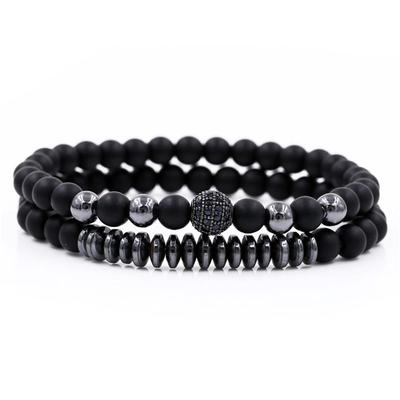 6mm Black Matte Copper Beads & UFO Micro-Diamond Ball Bracelet Set for Men