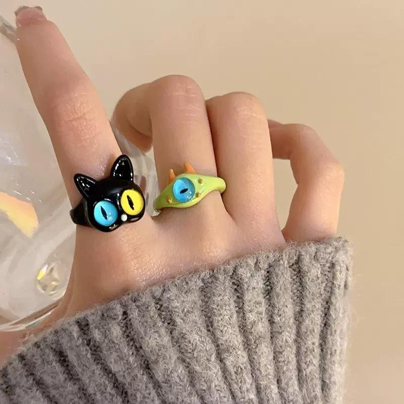 Lily There Women's Black/Green Children's Fun Cute Monster Cat Ring Girls' Year Tide Fashion Personality Ring Niche Design Index Finger Ring