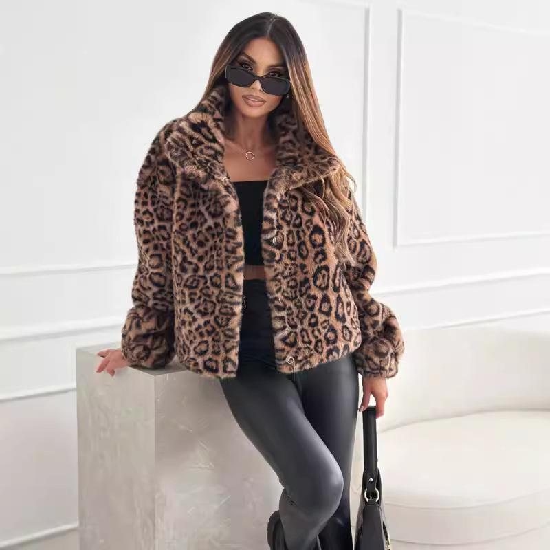 2024 Autumn And Winter New Fashionable Leopard Print Lapel Short Coat Loose Outdoor Casual Jacket