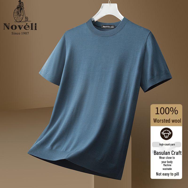 Lanweilong Men's 100% Pure Wool Machine Washable Crew Neck Short Sleeve T-Shirt
