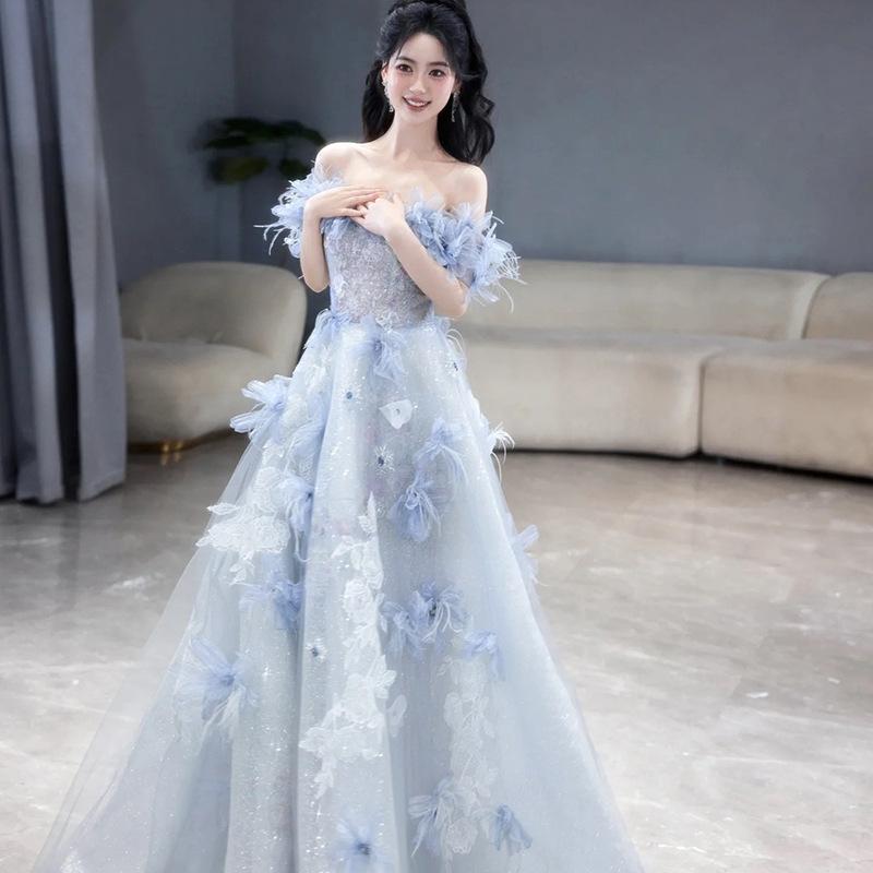 Blue evening dress dress women's 1011 new high-end light luxury niche wedding dress birthday adult toast engagement