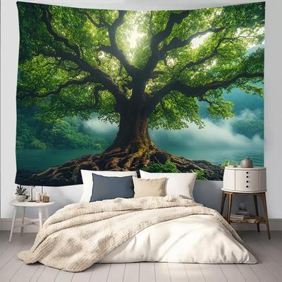 Nature Green Misty Forest Tree Tapestry Large Landscape Tree Of Life 3D Print Jungle Scenery Tapestries Wall Hanging For Bedroom