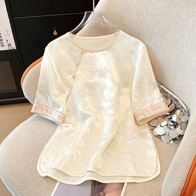 

Женская жаккардовая атласная рубашка с коротким рукавом, лето 2025, новая модная темпераментная ацетатная розовая блузка M (under 50kg recommended) абрикосовый