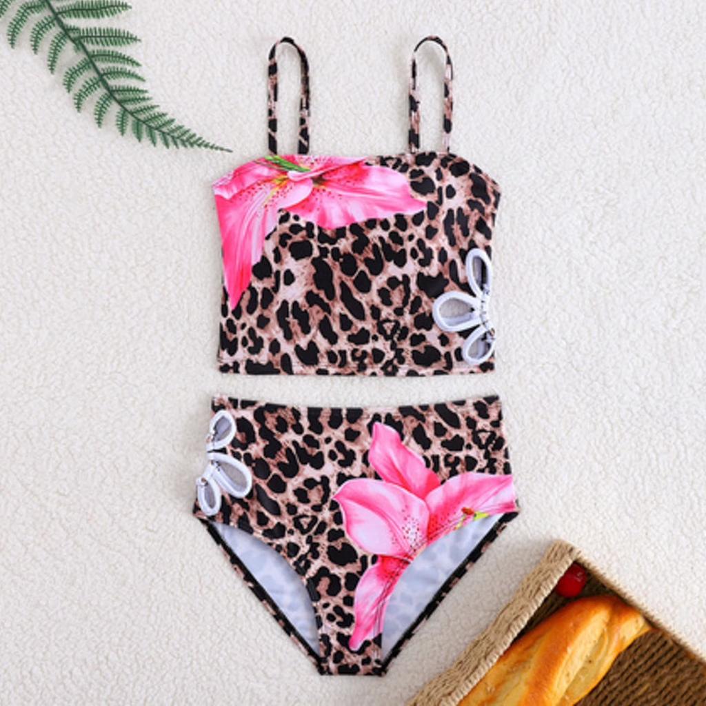 Girls Two Piece Bikini Set with Adjustable Straps and Floral Leopard Print Swimwear for Kids Summer Beach Pool Wear