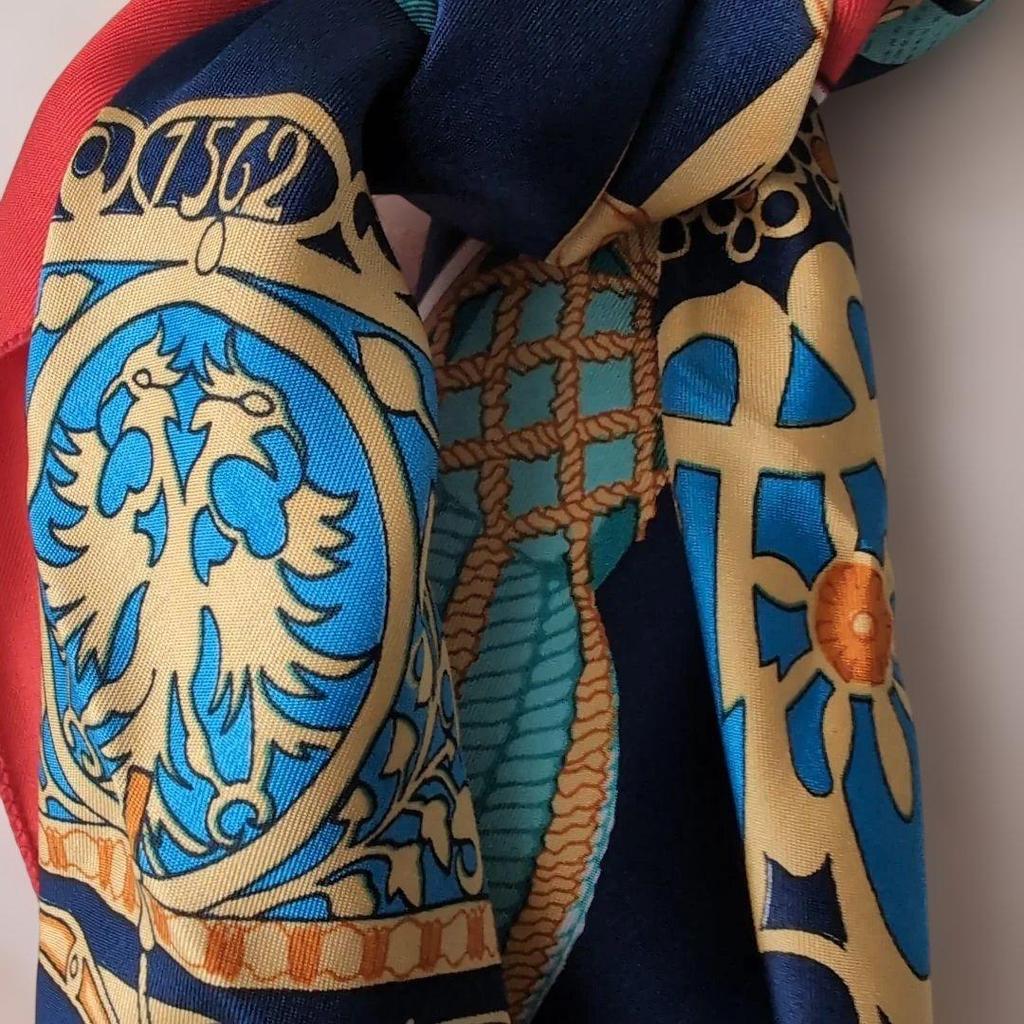 Used France Silk Scarf Navy Red Gold Unbranded