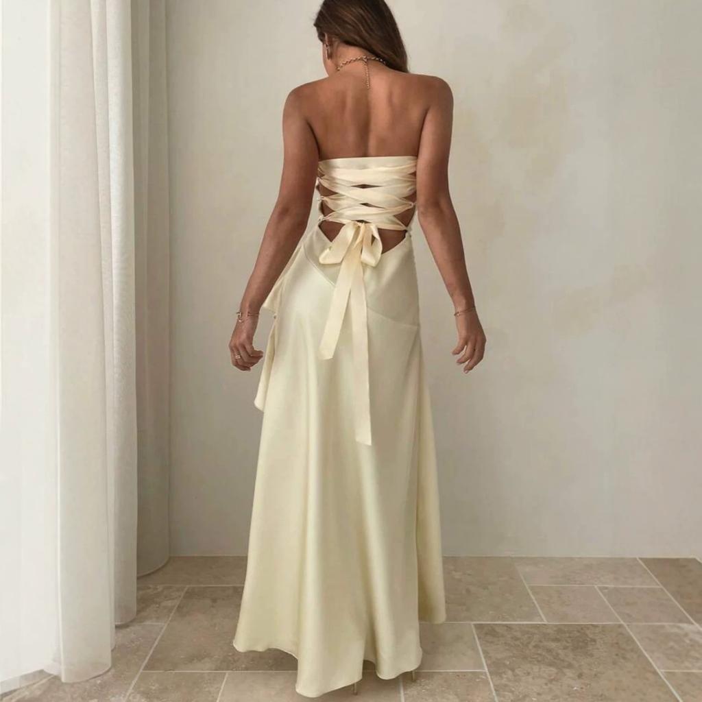Ins summer tube top back strap pleated irregular high split long party dress dress