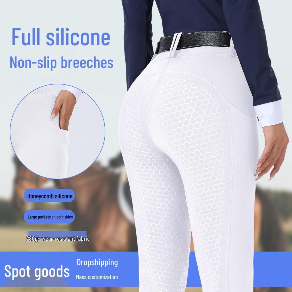 Damen Reithose mit hohem Bund, Silikonvollbesatz, rutschfest, abriebfest, elastischer Passform und Taschen.