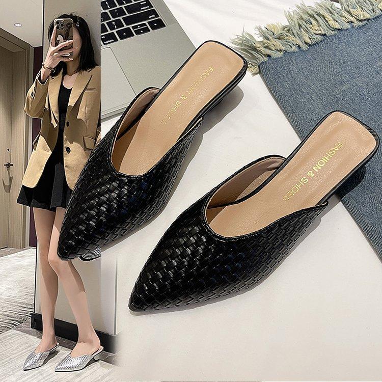 2025 spring and summer new stone pattern solid color female pointed head thin heel medium heel slippers high heel bag head half drag outer wear female
