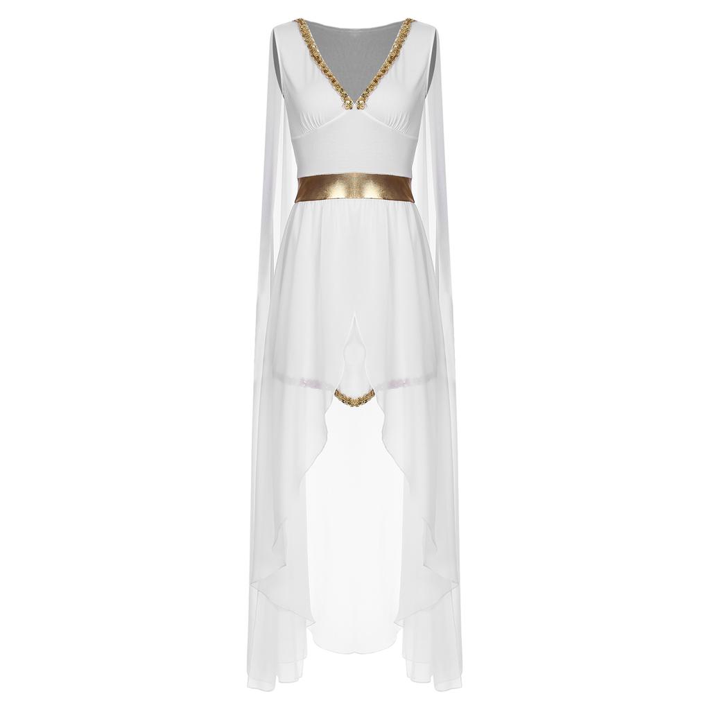 Womens Greek Princess Costume V Neck Cape Sleeve Design Sequin Trim Front Split Dress Queen Cosplay Halloween Party