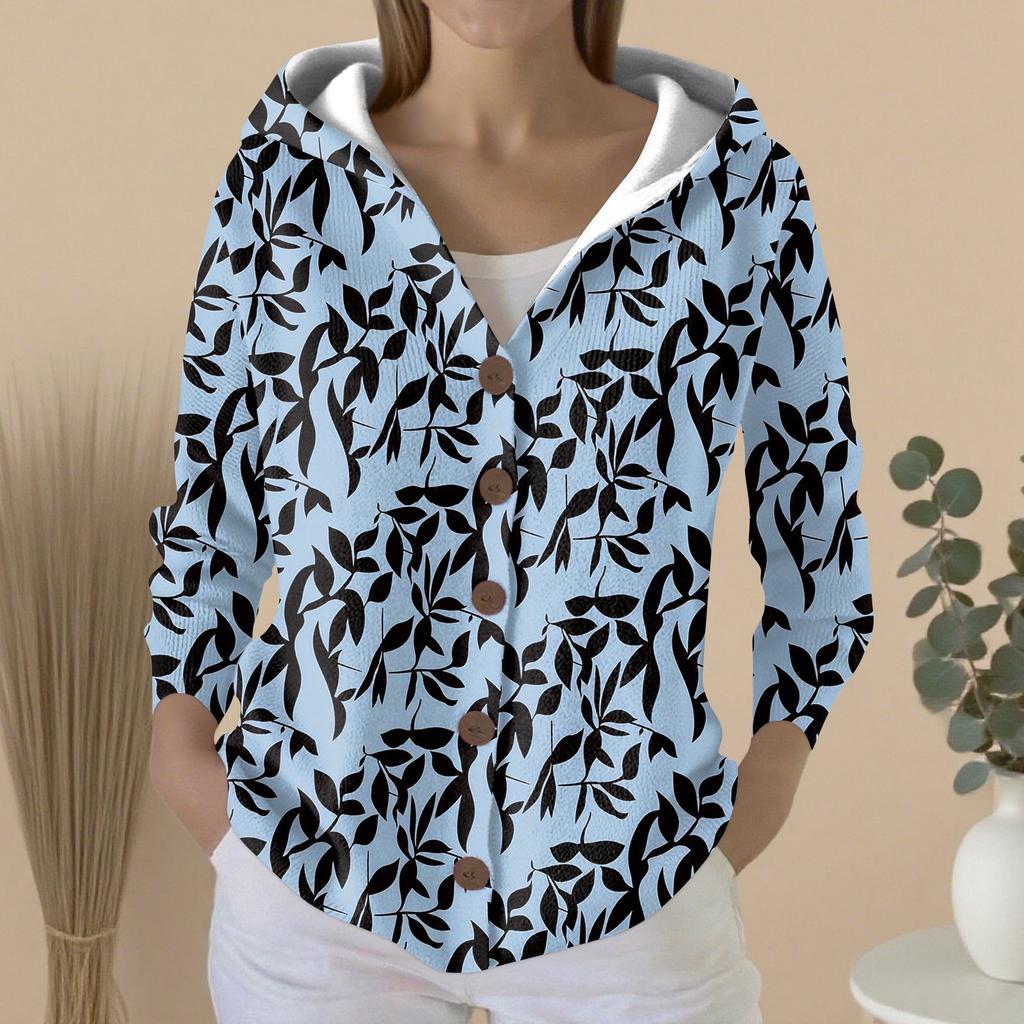 Women's Fashion Casual Sweater Button-Up Print Cardigan  Hooded Jacket