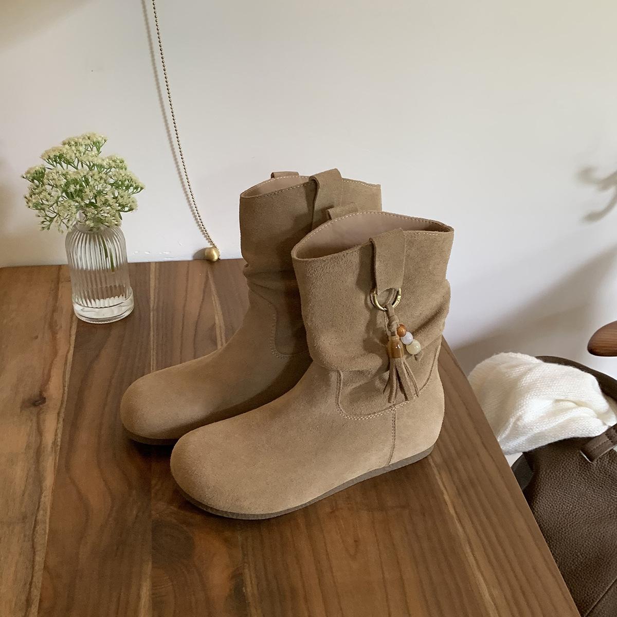 

Inner height increase 3cm retro fringed beaded pile small short boots women s bohemian versatile Boken women s shoes boots 40 абрикосовый