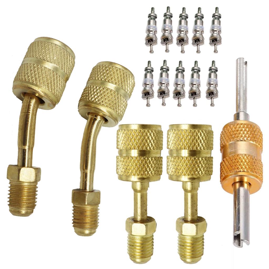 R410A Refrigerant Charging Kit Includes 2 Elbow Charging Vacuum Adapters and 2 Male Direct Rotation Adapters from 5/16" To 1/4"