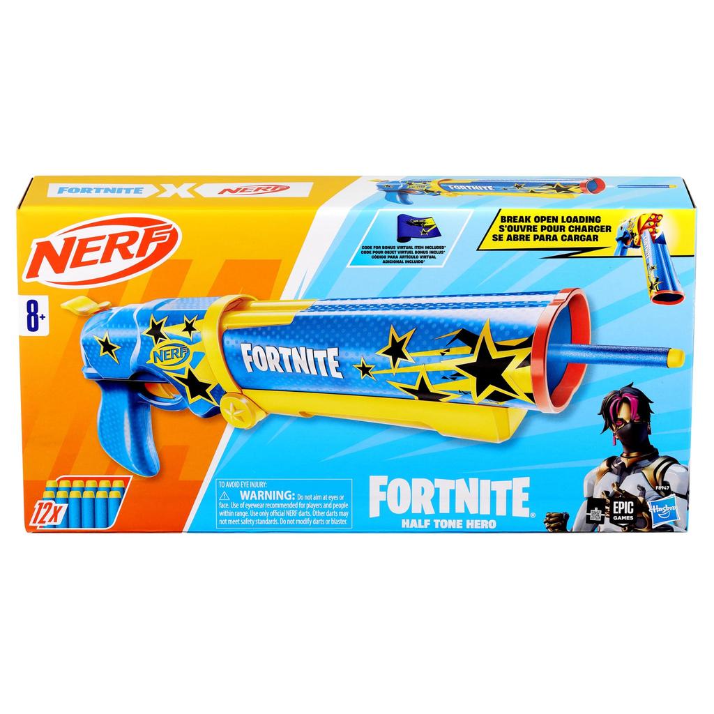 Nerf Fortnite Half Tone Hero Blaster with 12 Darts and Exclusive Virtual Item Code, Ages 8+, Fortnite Gift (F8947), Authentic Christmas Toy,
